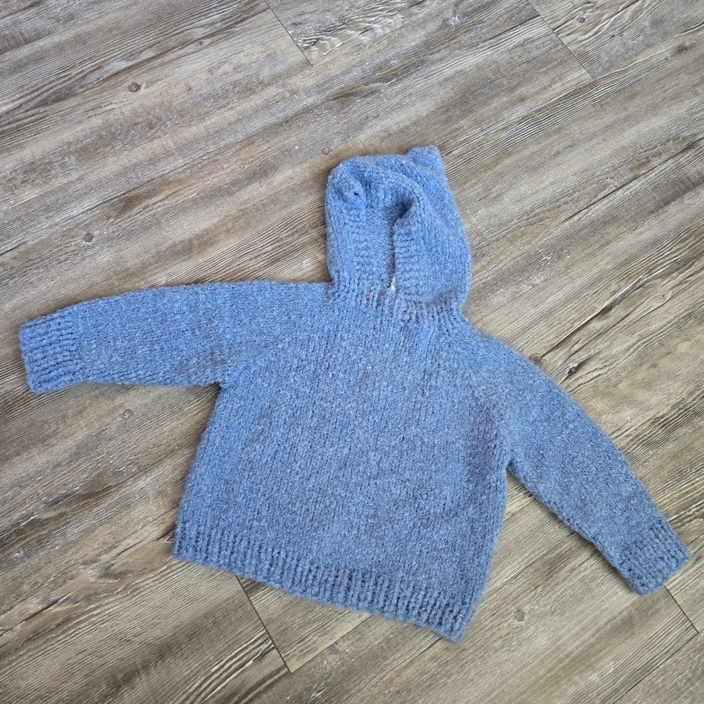 9-12M Boys Cozy Blue Knit Hoodie Zips Up The Back Handmade